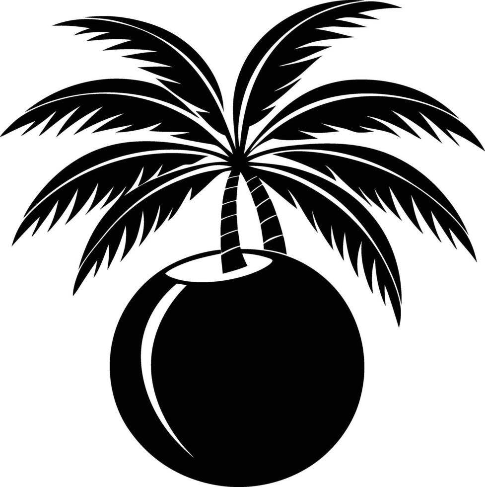 A black and white illustration silhouette of a coconut with tree vector
