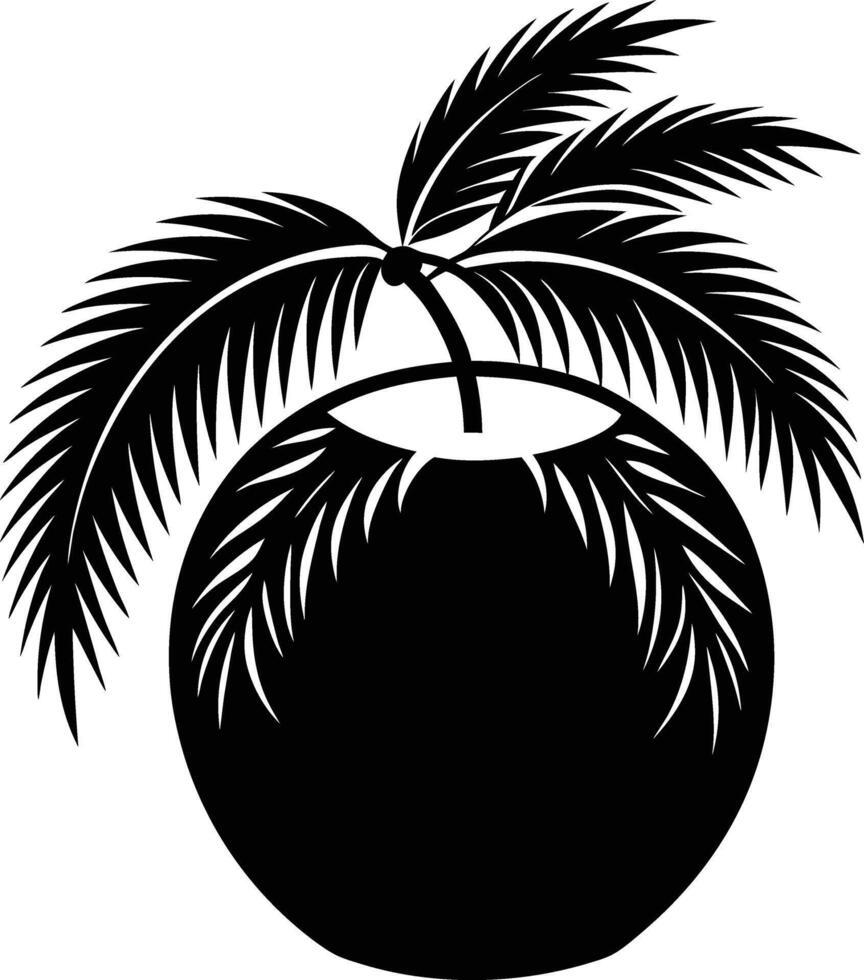 A black and white illustration silhouette of a coconut with tree vector