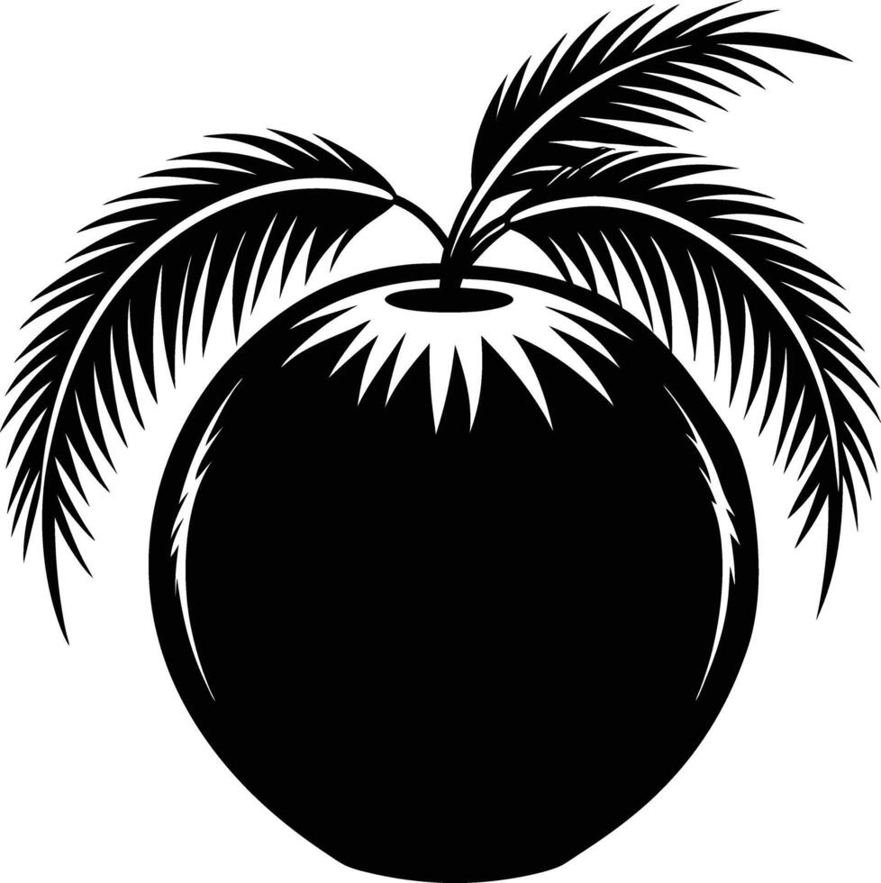 A black and white illustration silhouette of a coconut with tree vector