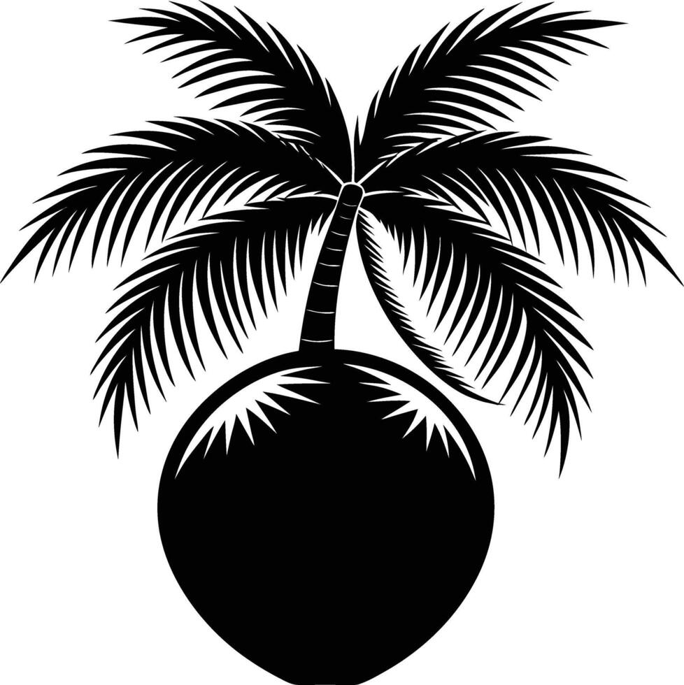 A black and white illustration silhouette of a coconut with tree vector