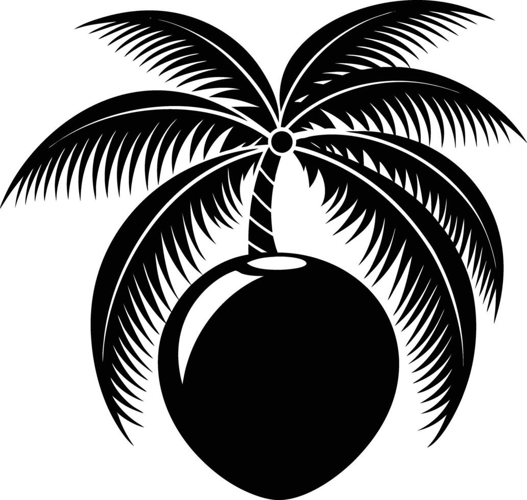 A black and white illustration silhouette of a coconut with tree vector