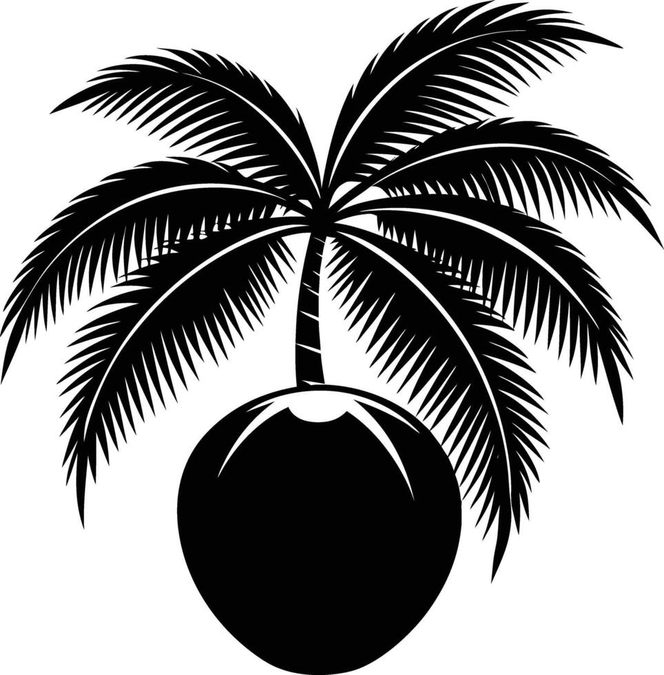 A black and white illustration silhouette of a coconut with tree vector