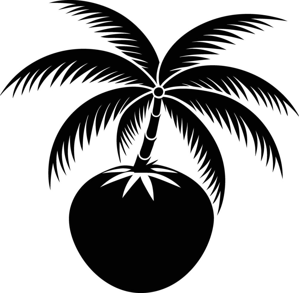 A black and white illustration silhouette of a coconut with tree vector
