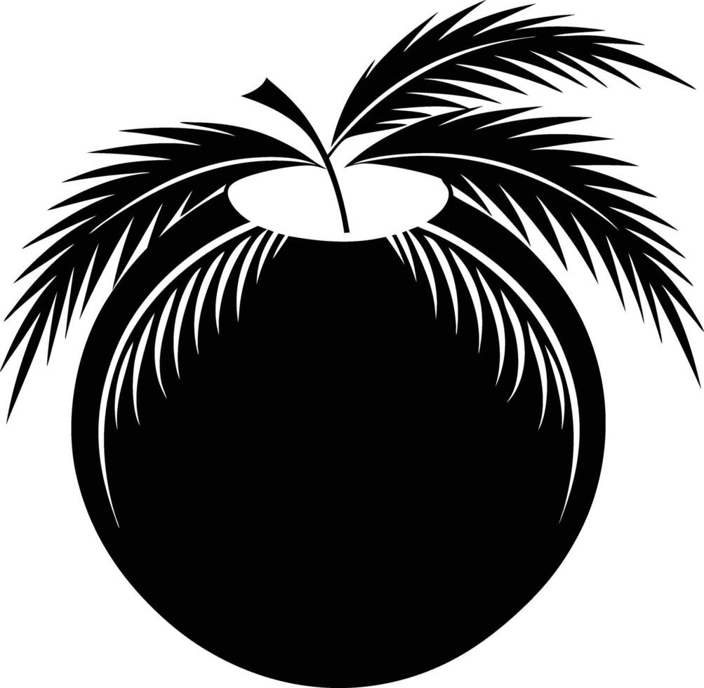 A black and white illustration silhouette of a coconut with tree vector
