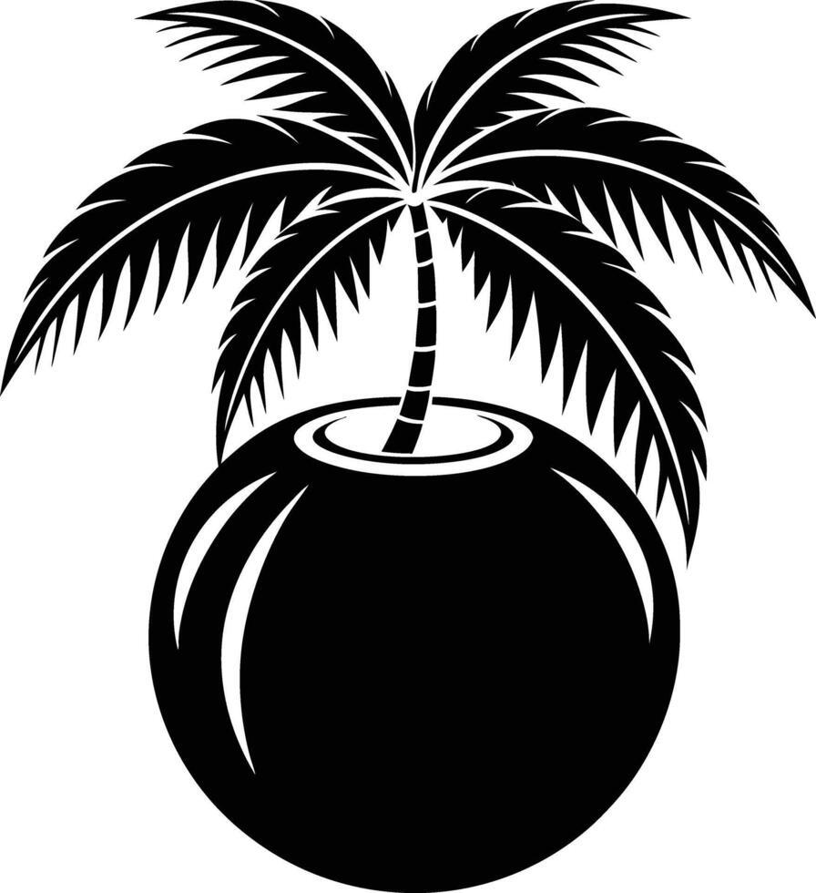 A black and white illustration silhouette of a coconut with tree vector