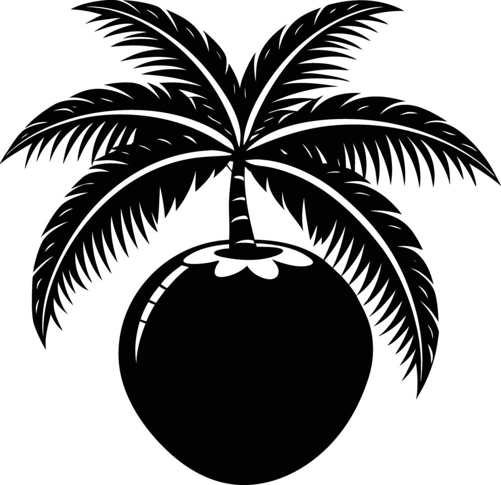 A black and white illustration silhouette of a coconut with tree vector