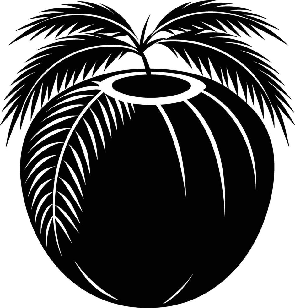 A black and white illustration silhouette of a coconut with tree vector