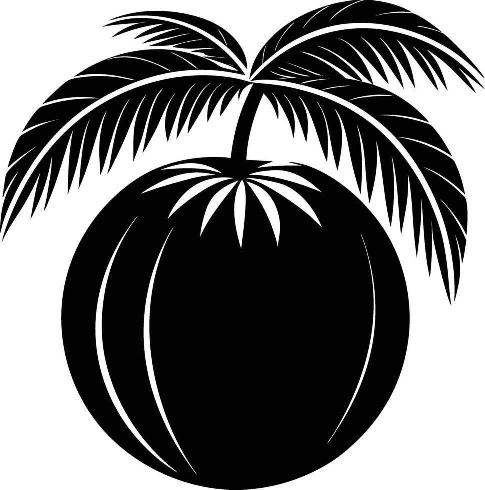 A black and white illustration silhouette of a coconut with tree vector