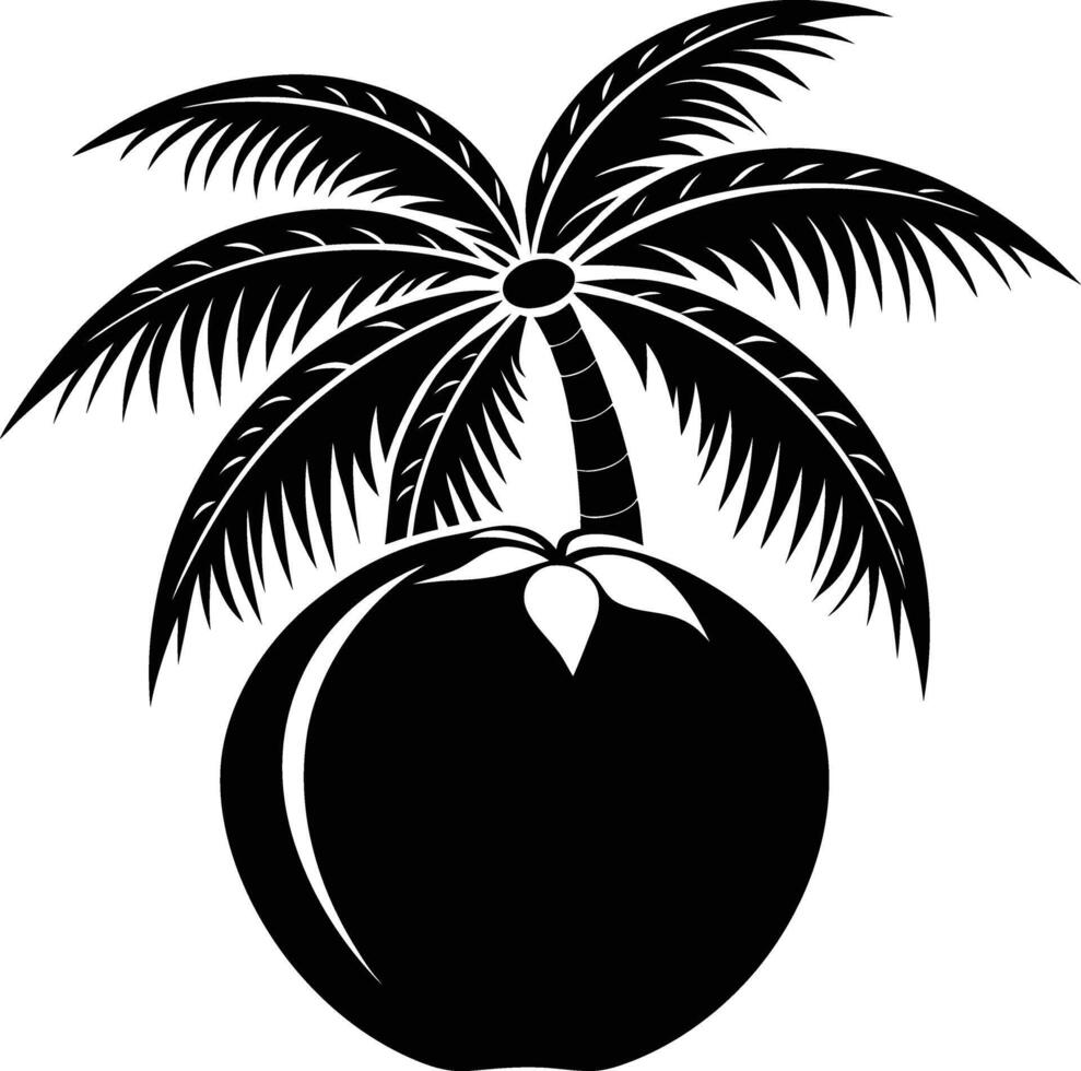 A black and white illustration silhouette of a coconut with tree vector