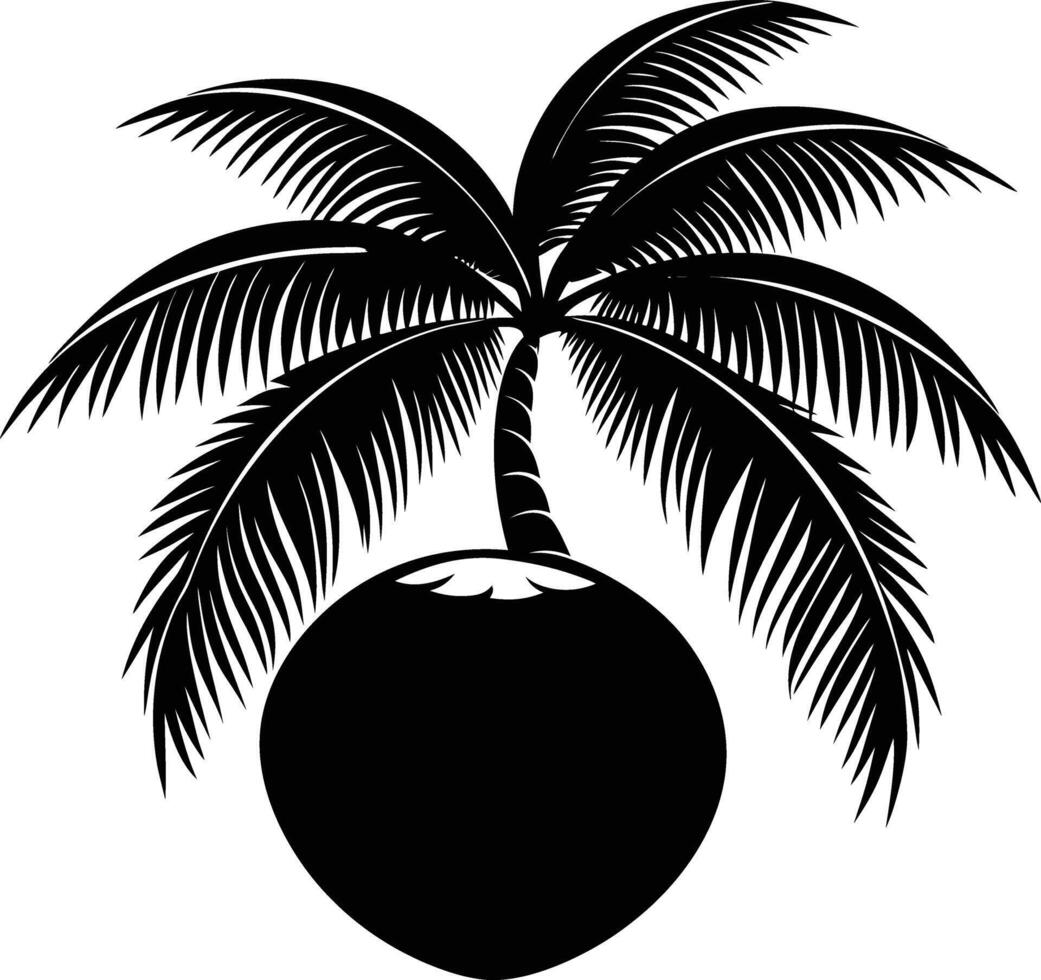 A black and white illustration silhouette of a coconut with tree vector