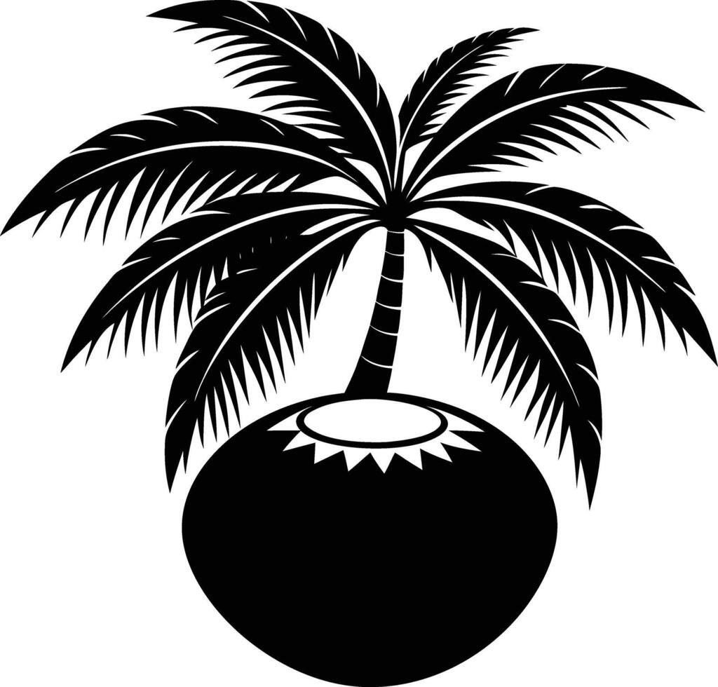 A black and white illustration silhouette of a coconut with tree vector