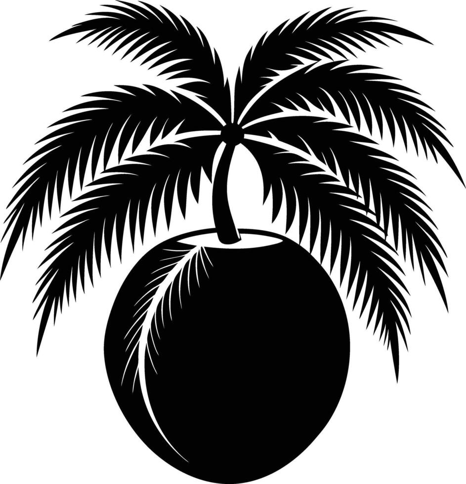 A black and white illustration silhouette of a coconut with tree vector