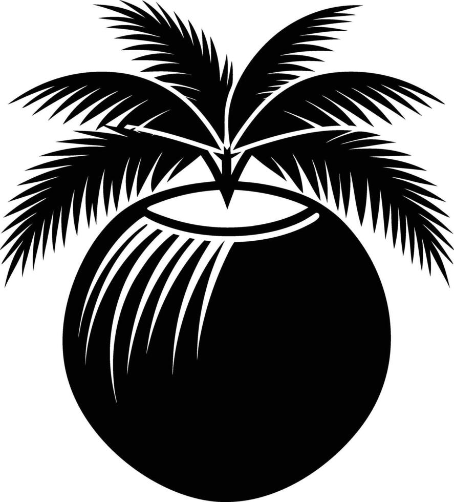 A black and white illustration silhouette of a coconut with tree vector