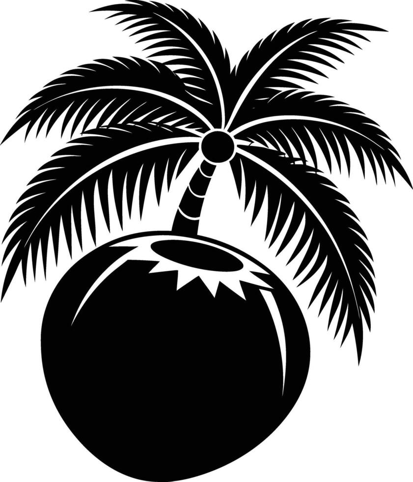 A black and white illustration silhouette of a coconut with tree vector