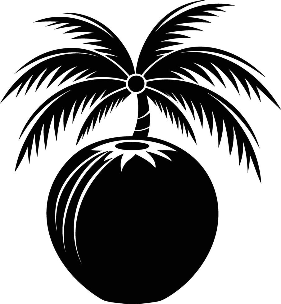 A black and white illustration silhouette of a coconut with tree vector