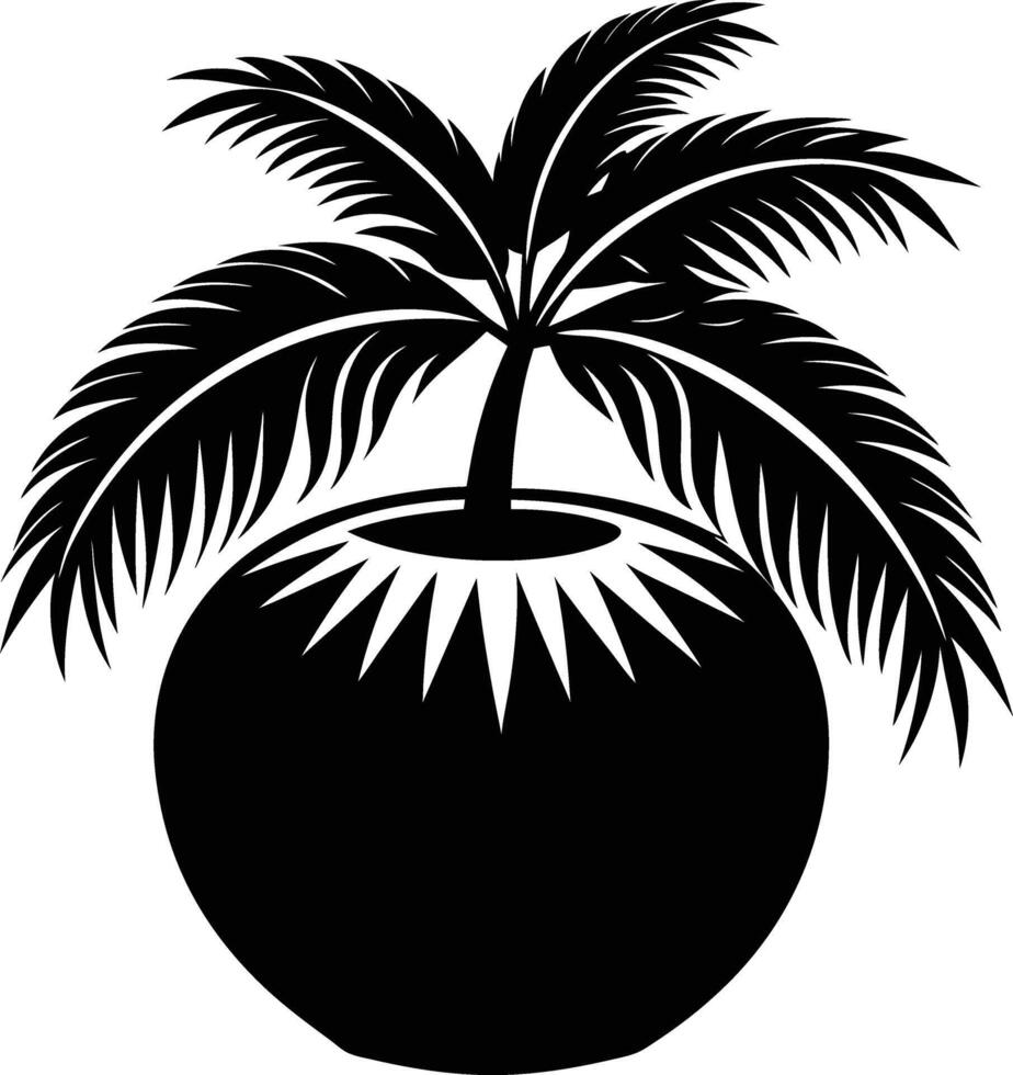 A black and white illustration silhouette of a coconut with tree vector