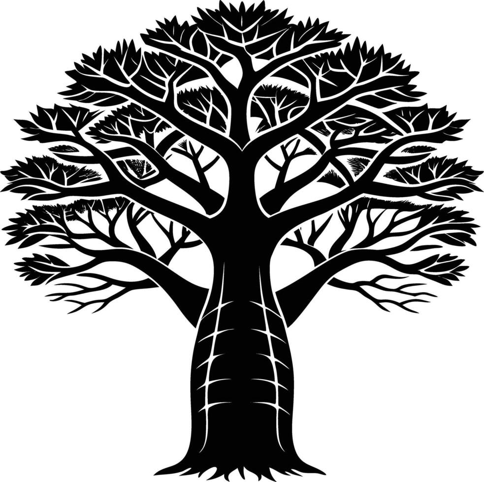 A black and white illustration silhouette of a baobab tree vector