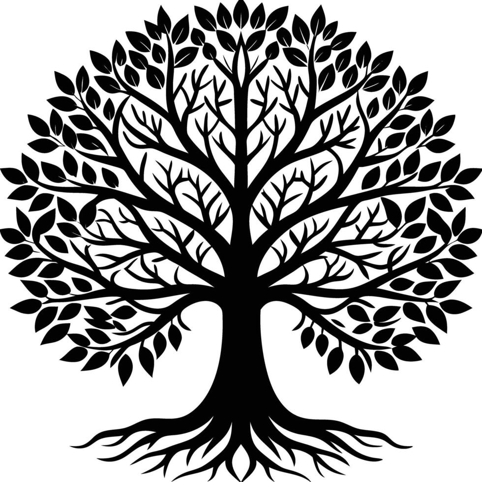 A black and white tree with roots silhouette clip art vector