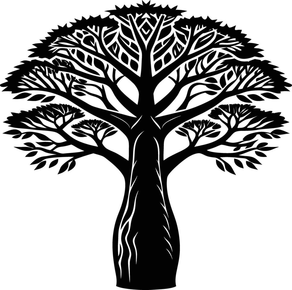 A black and white illustration silhouette of a baobab tree vector