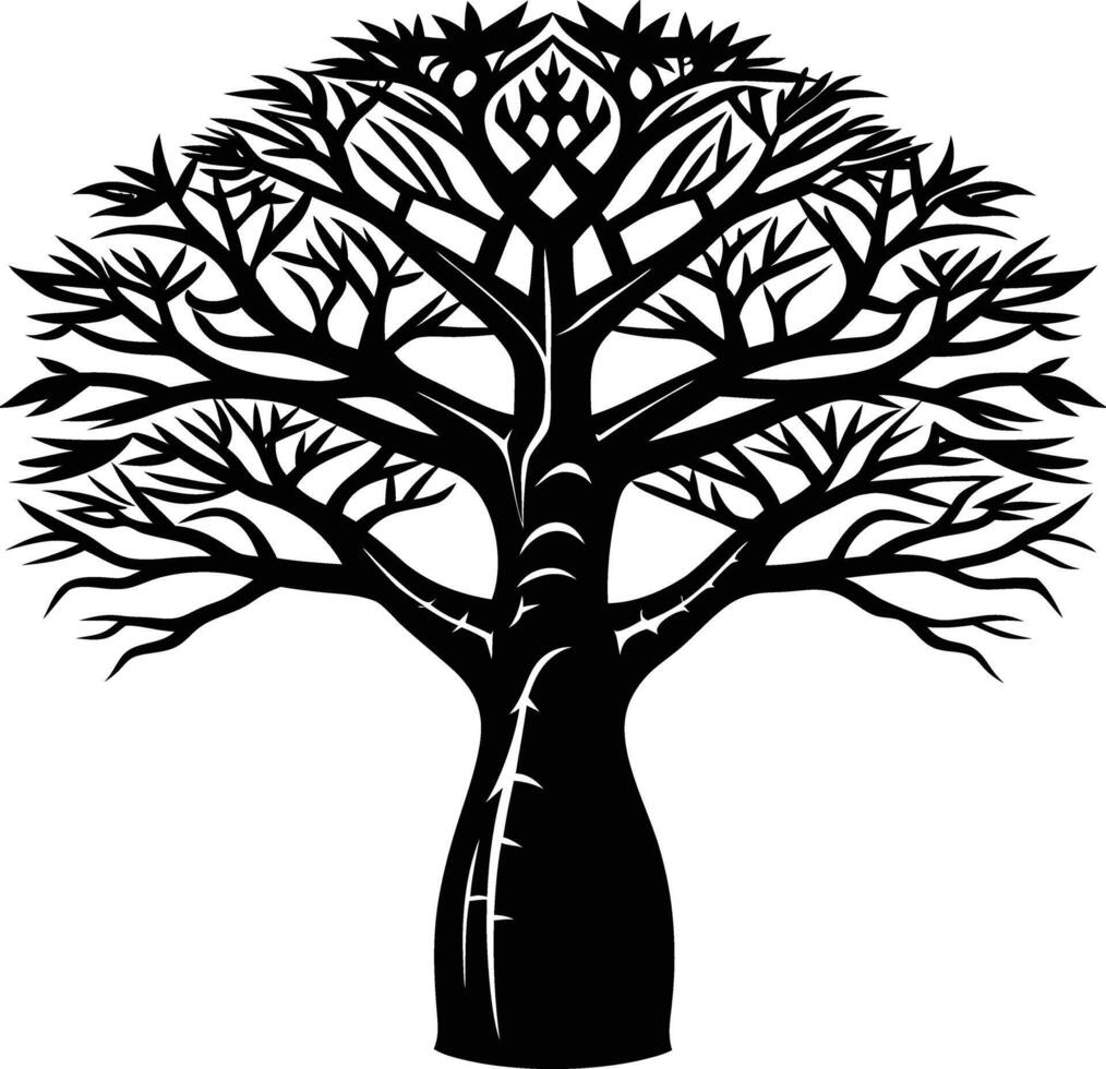 A black and white illustration silhouette of a baobab tree vector