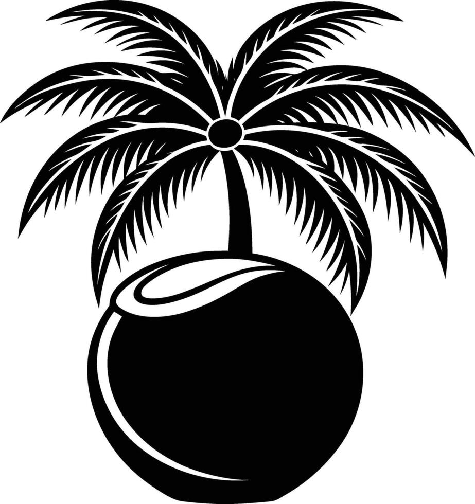 A black and white illustration silhouette of a coconut with tree vector