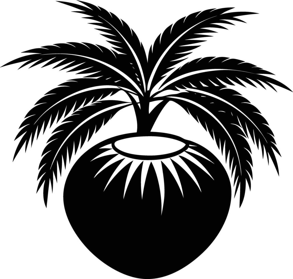 A black and white illustration silhouette of a coconut with tree vector
