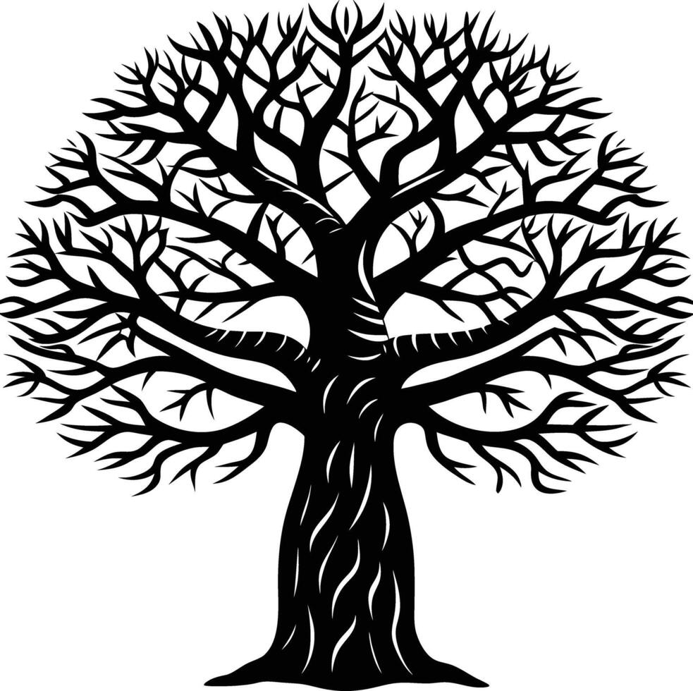 A black and white illustration silhouette of a baobab tree vector
