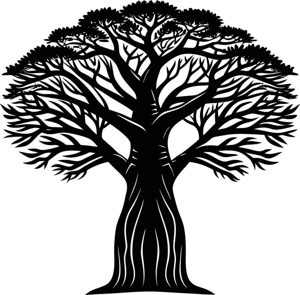 A black and white illustration silhouette of a baobab tree vector