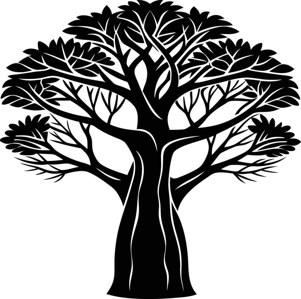 A black and white illustration silhouette of a baobab tree vector