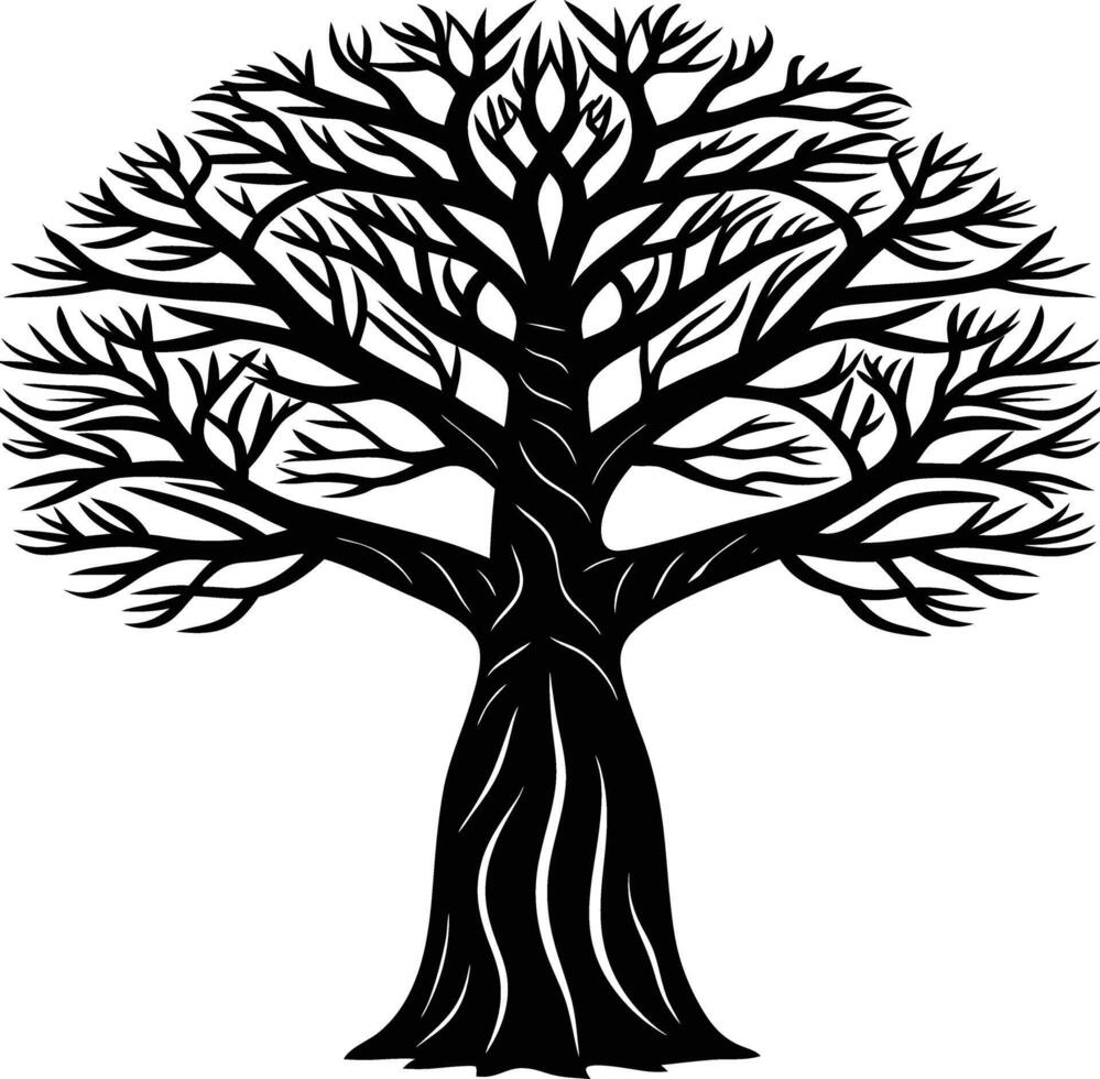 A black and white illustration silhouette of a baobab tree vector