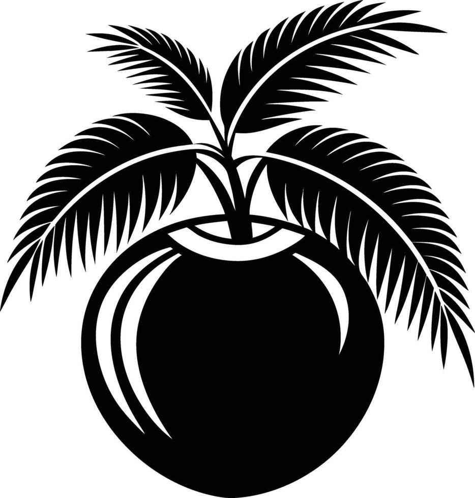 A black and white illustration silhouette of a coconut with tree vector