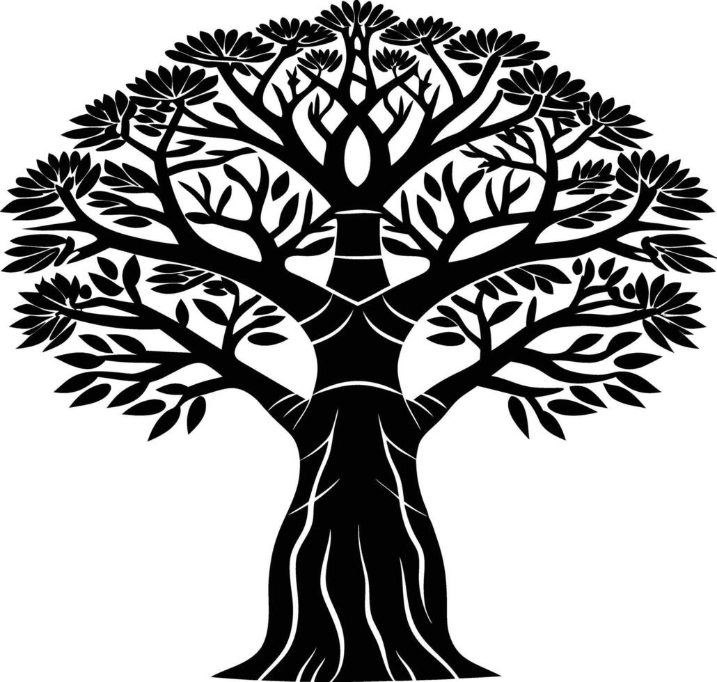 A black and white illustration silhouette of a baobab tree vector