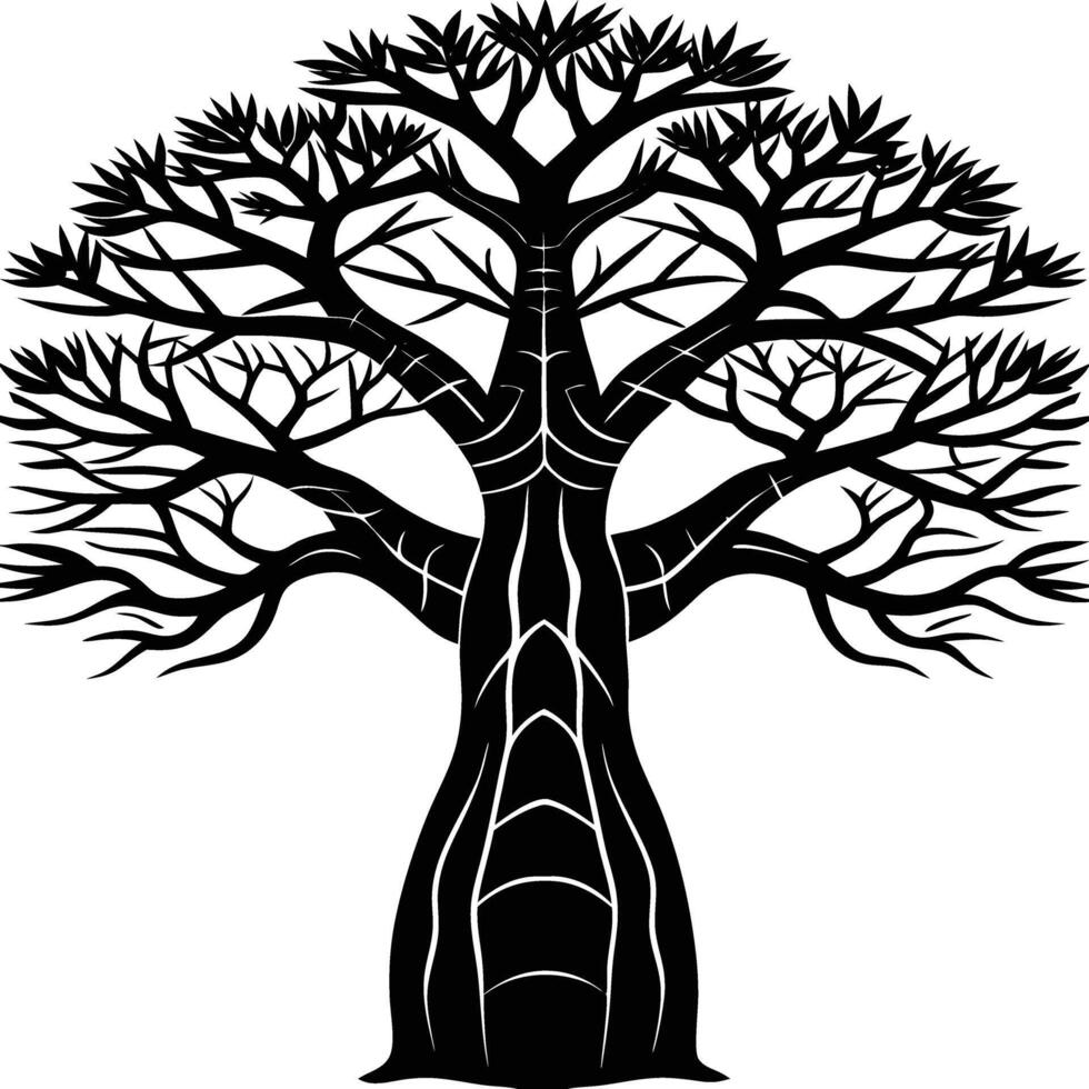 A black and white illustration silhouette of a baobab tree vector
