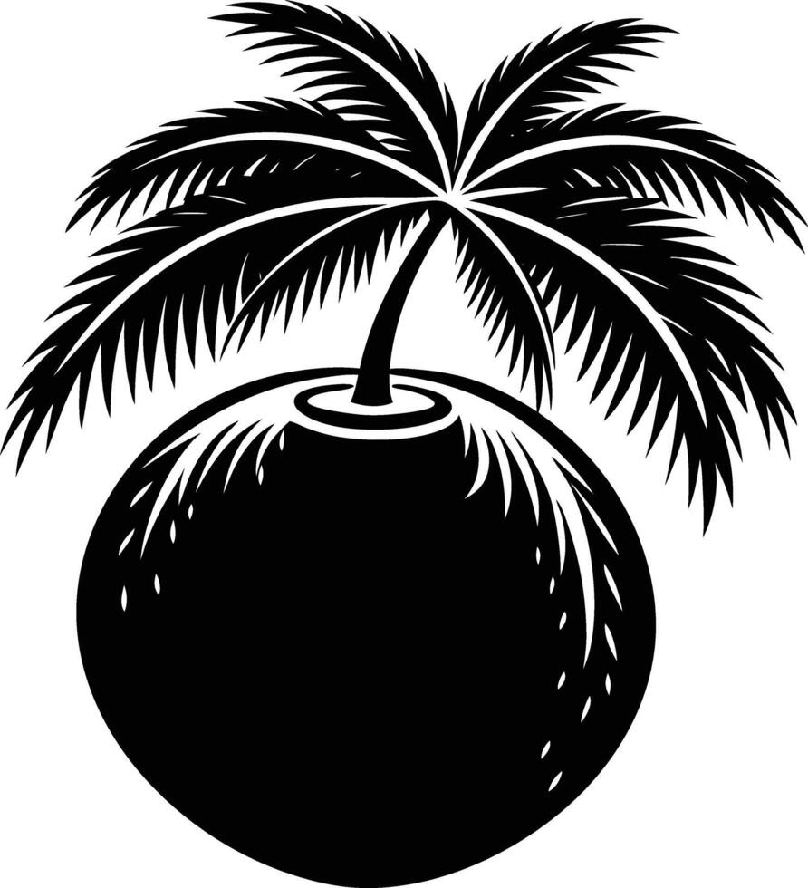 A black and white illustration silhouette of a coconut with tree vector