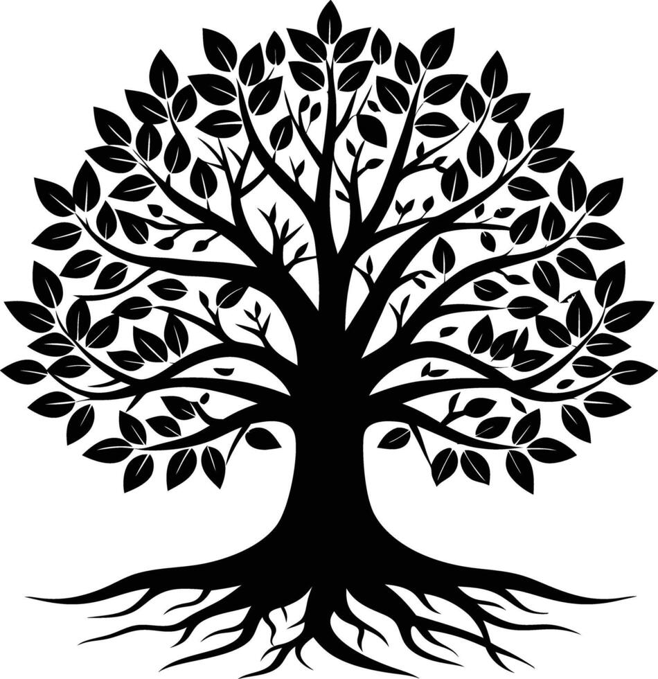 A black and white tree with roots silhouette clip art vector