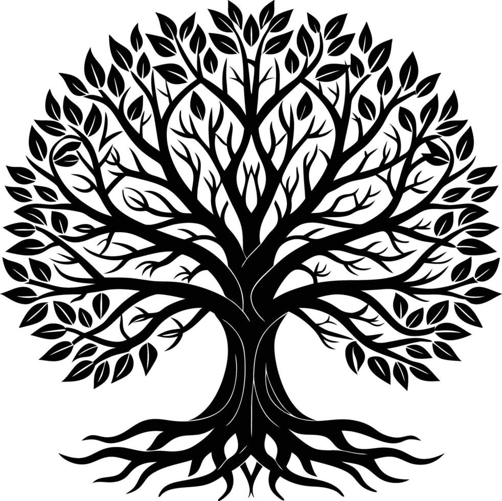A black and white tree with roots silhouette clip art vector