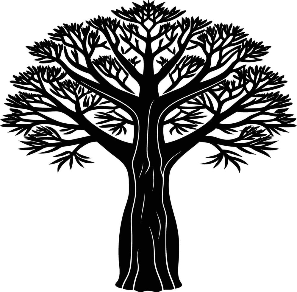 A black and white illustration silhouette of a baobab tree vector