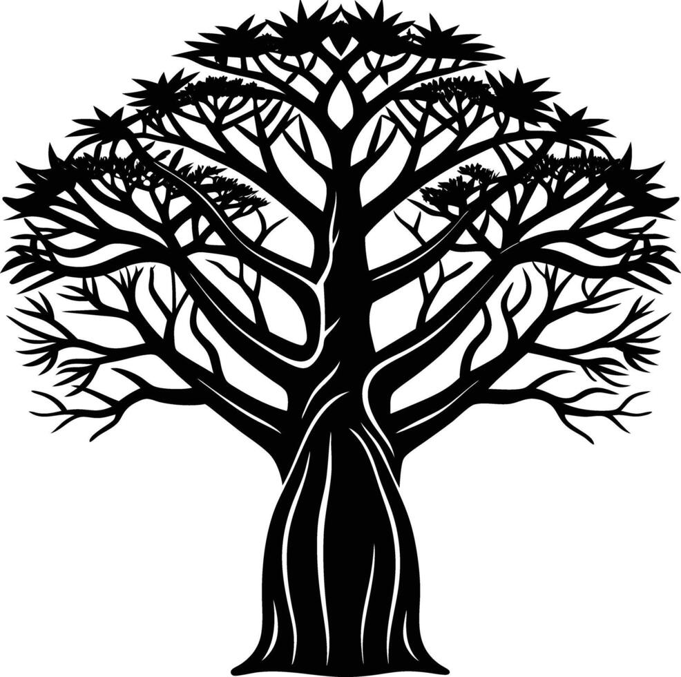 A black and white illustration silhouette of a baobab tree vector