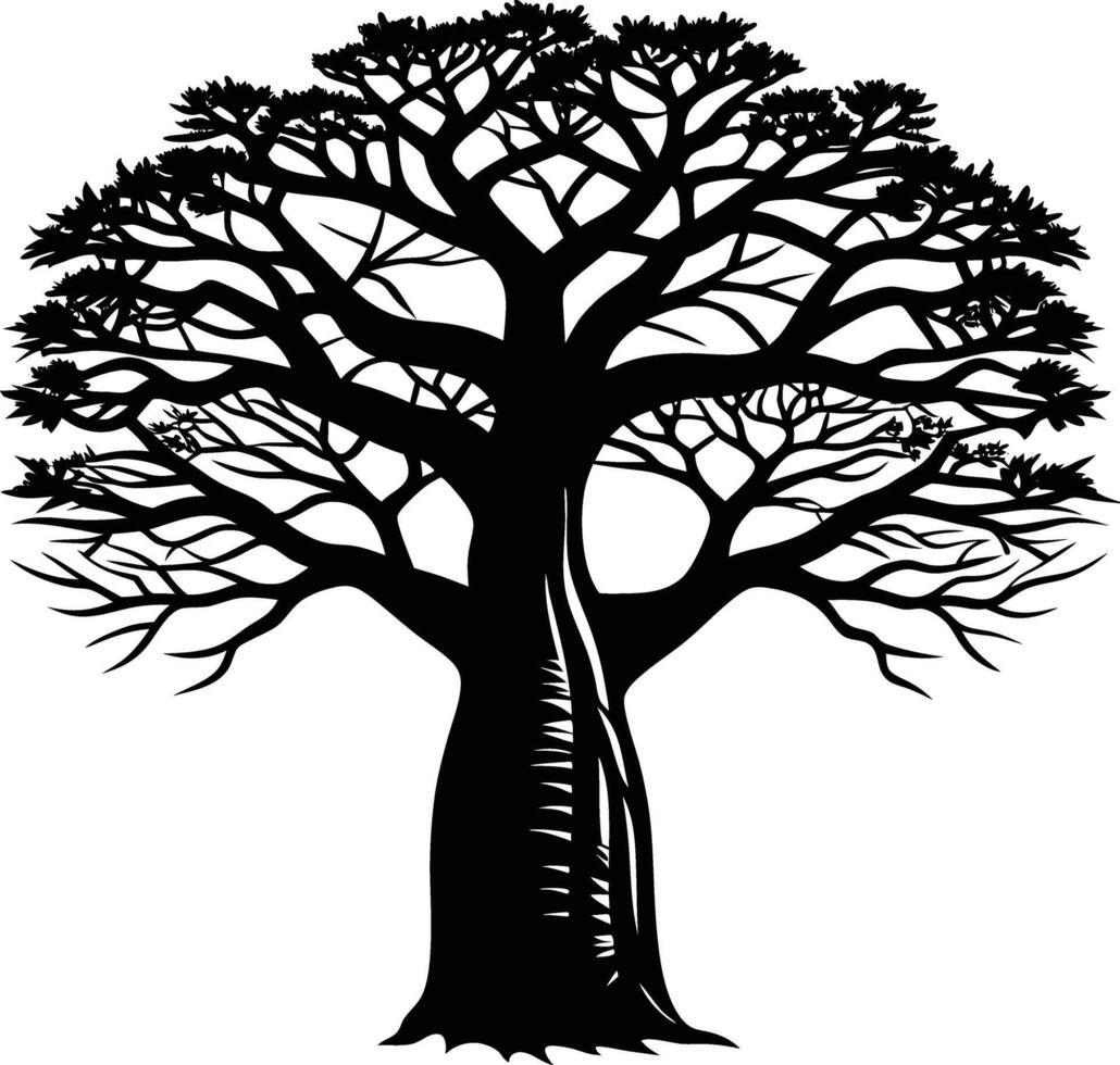A black and white illustration silhouette of a baobab tree vector