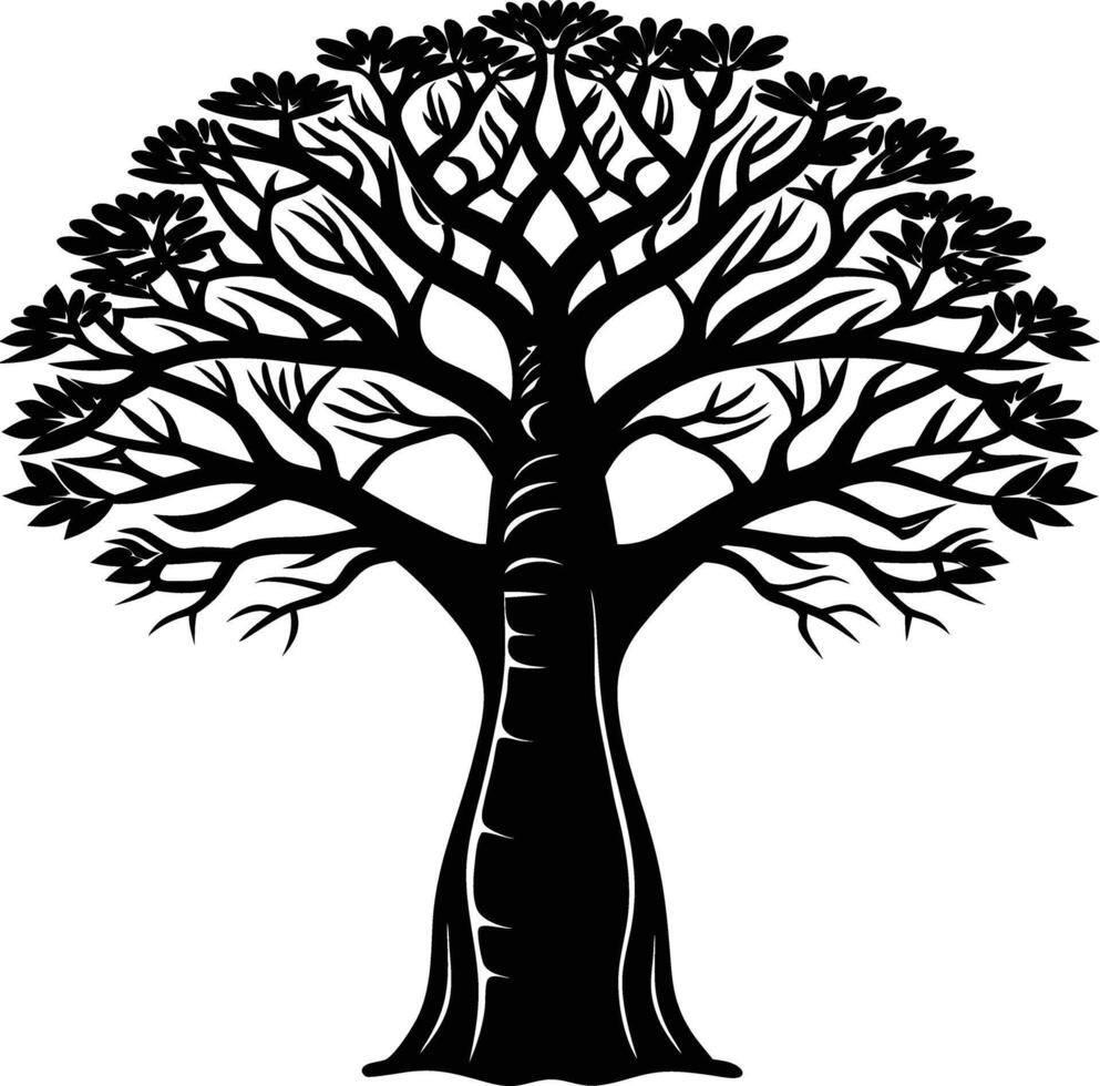 A black and white illustration silhouette of a baobab tree vector