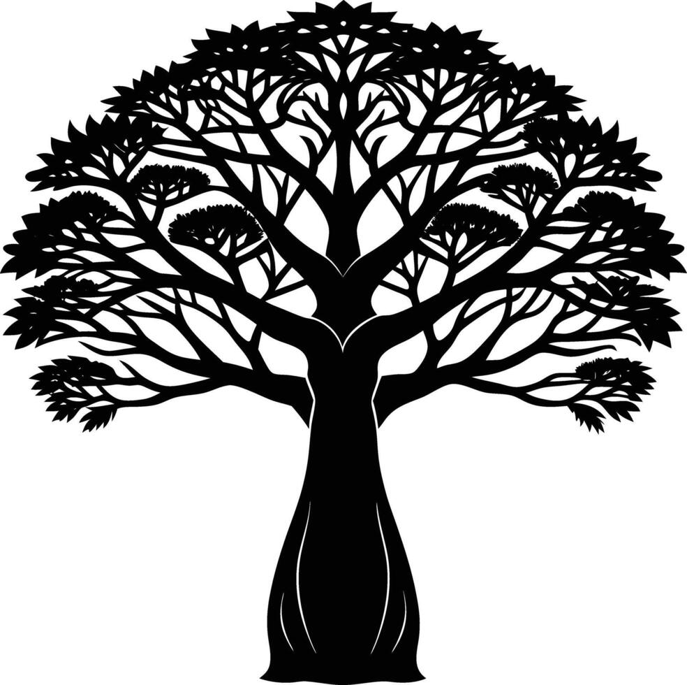 A black and white illustration silhouette of a baobab tree vector