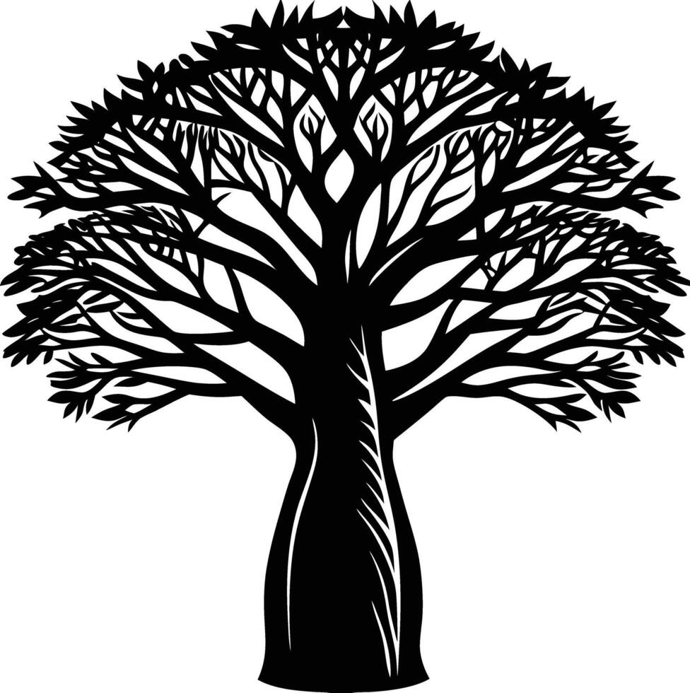A black and white illustration silhouette of a baobab tree vector