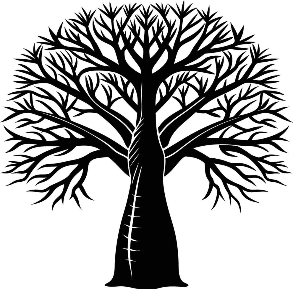 A black and white illustration silhouette of a baobab tree vector
