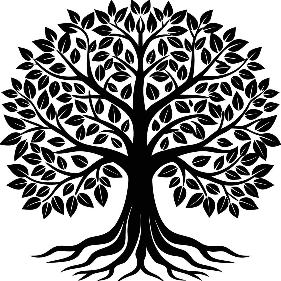 A black and white tree with roots silhouette clip art vector