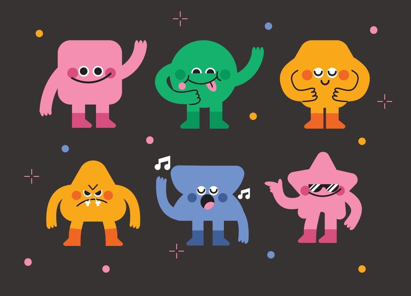 Cute Geometric Shape Mascot Character. Fun Character School Infographic Figure, Funny Silly Face Expression Illustration Set vector