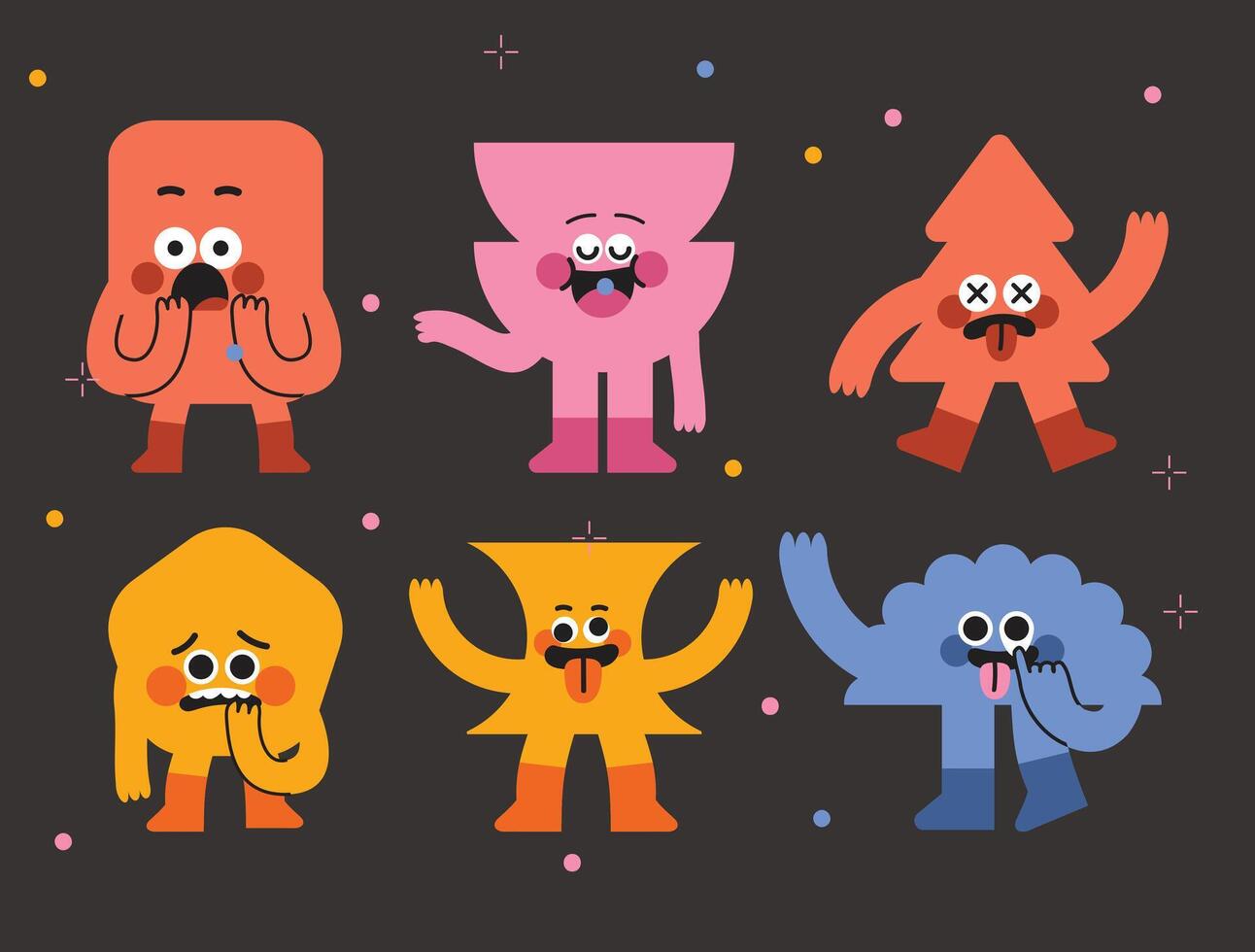 Cute Geometric Shape Mascot Character. Fun Character School Infographic Figure, Funny Silly Face Expression Illustration Set vector
