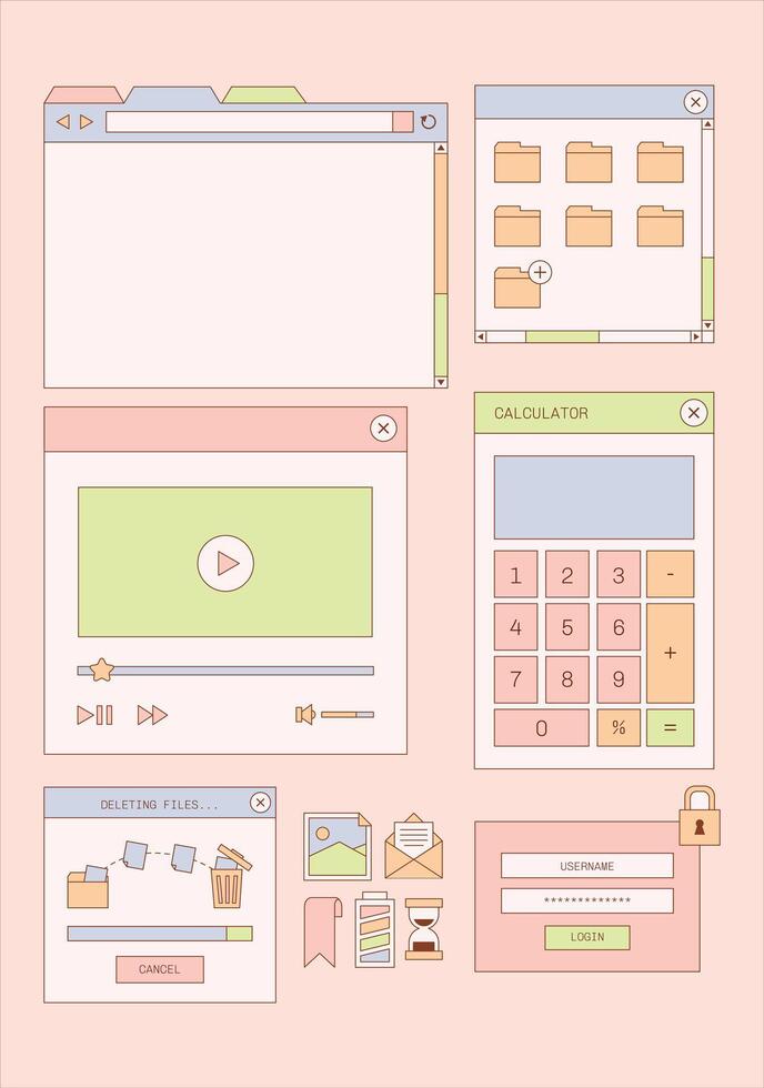 Retro UI Windows Sticker Note Journaling Set vector