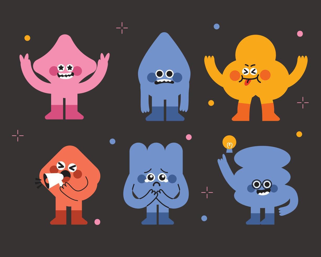 Cute Geometric Shape Mascot Character. Fun Character School Infographic Figure, Funny Silly Face Expression Illustration Set vector