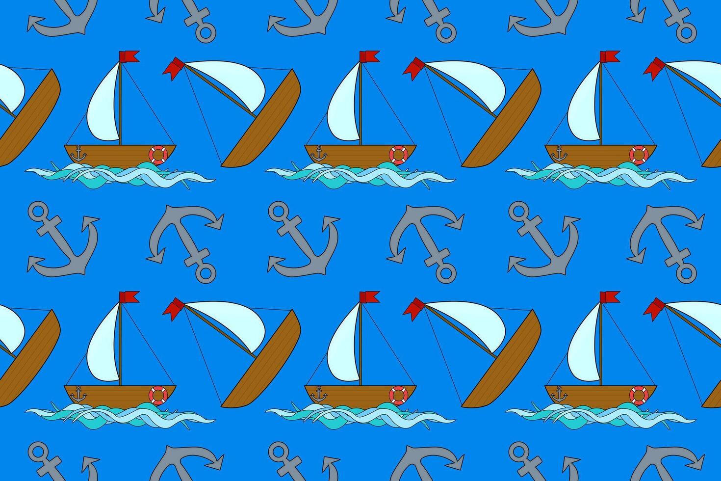 Seamless nautical pattern featuring sailboats and anchors on a blue background. Ideal for summer-themed designs, textiles, and wallpapers. vector