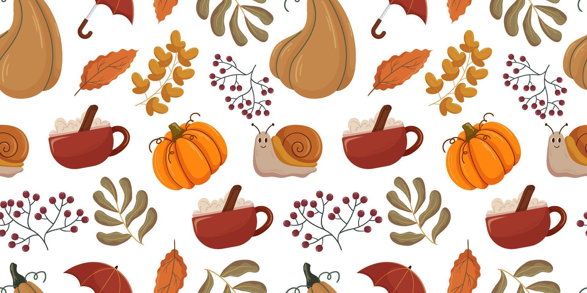 Seamless autumn pattern, cozy elements such as orange pumpkins, cinnamon spiced hot beverages in red mugs, fall leaves, berries, and a cute snail. Warm seasonal motif for textiles and decorations. vector